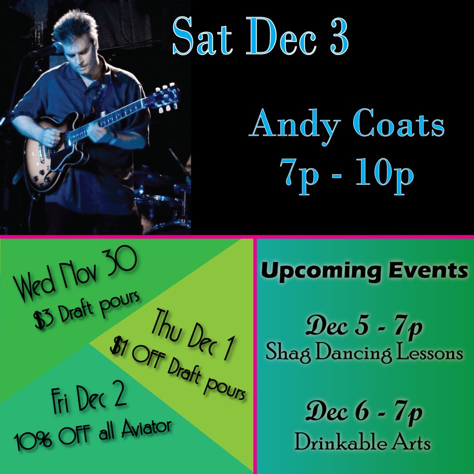 Wed $3 pours. <a href="/andycoats0/">Andy Coats</a> Sat at 7pm. Upcoming: shag dan... #ncbevco #ncbeer #livemusic  goo.gl/XN38Le