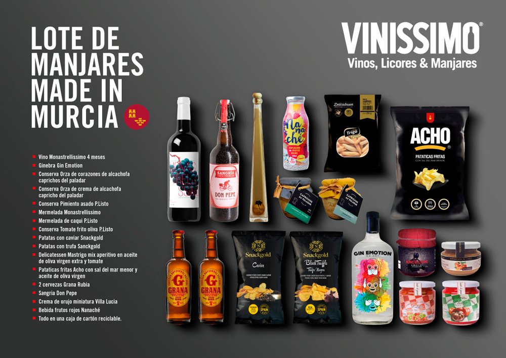 Vinissimo_SJ's tweet photo. Ya puedes conseguir en nuestra #TiendaOnline el auténtico lote de manjares #MadeInMurcia 👉 https://t.co/0qn8PIhb1Z ¡Envío GRATIS! https://t.co/FM0Bu7fQpn