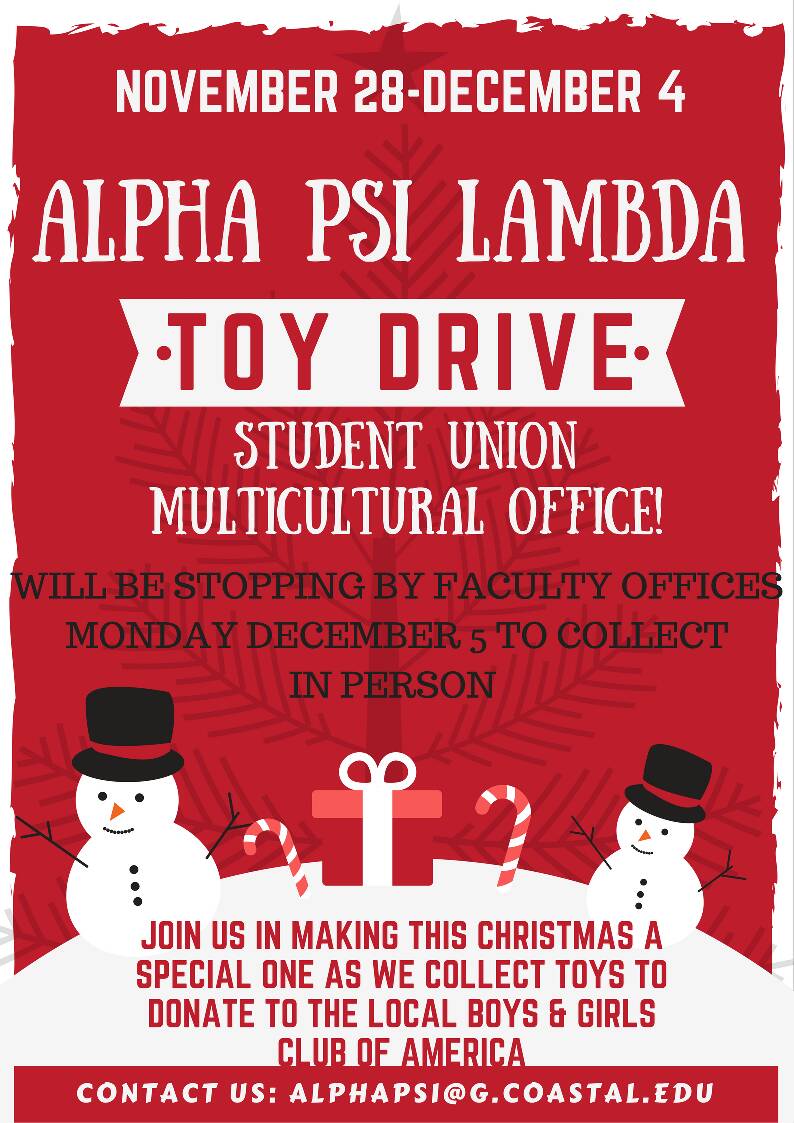 Toy drive all week long , make this holiday season special! #ccu #ccuchanticleers #ccu17 #ccu18 #ccu19 #ccu20 #alphapsilambda #toydrive