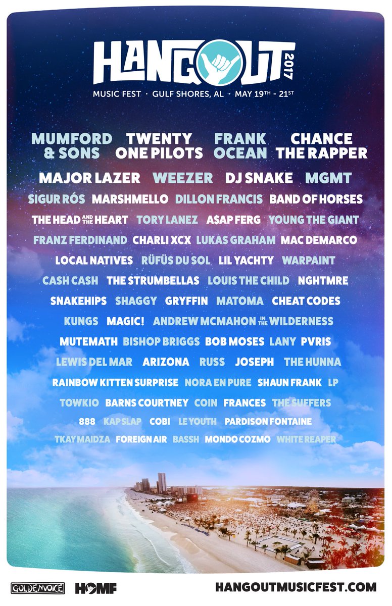 JaredJayBBoyd's tweet photo. FRANK OCEAN &amp; CHANCE THE RAPPER to headline @Hangoutfest. Dear God. Look at this lineup! https://t.co/mrRZgYentg