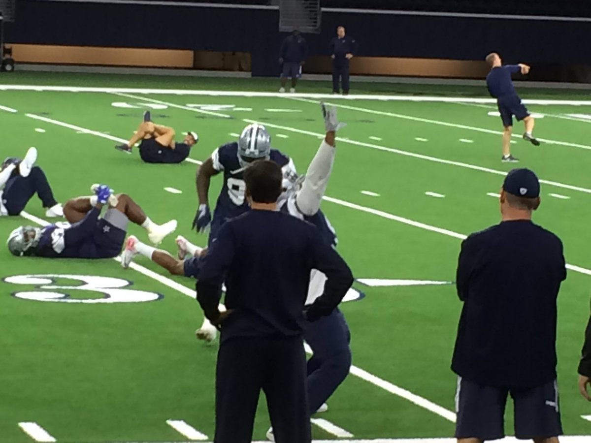 PatDoneyNBC5's tweet photo. .dallascowboys DL DeMarcus Lawrence & Terrell McClain just had a dance off during stretching. A ton of energy at The Star this morning. https://t.co/LjwXjhbPKI