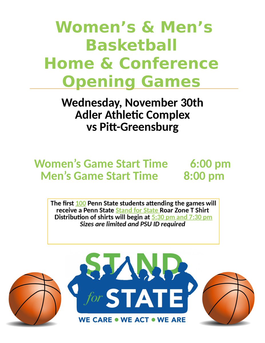 PSAltoonaLions's tweet photo. Tomorrow night is #StandForState Night at our basketball home openers at 6 & 8 PM. Free Stand For State/Roar Zone shirts for students w/ IDs https://t.co/Oog9uhaF6K