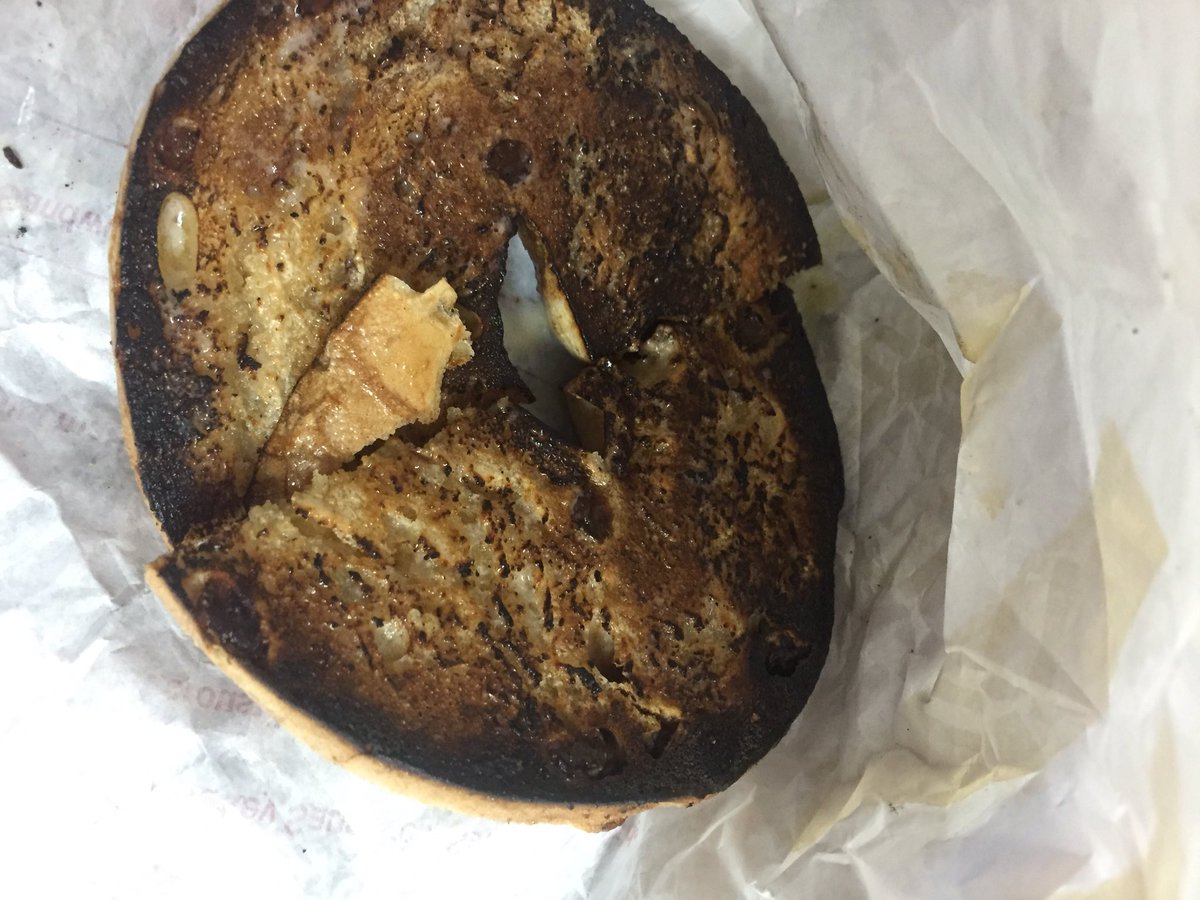 ashla's tweet photo. @TimHortons second time this week my bagel has been burned beyond being able to be eaten? How is this acceptable? https://t.co/mMNd7uyuB1