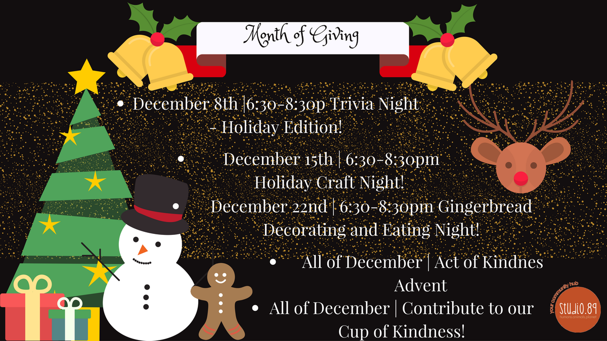 Studiooo89's tweet photo. December is our Month of Giving! Check our Facebook Page to stay updated on all our upcoming dates! 🎄💚 https://t.co/ZadA1FJp0O https://t.co/YwHpznPVry
