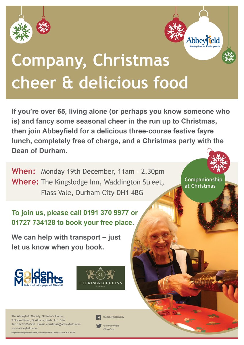 We're hosting a free Christmas lunch with <a href="/TheAbbeyfield/">The Abbeyfield</a> for older people living alone in Durham. Help spread the word &amp; some festive cheer