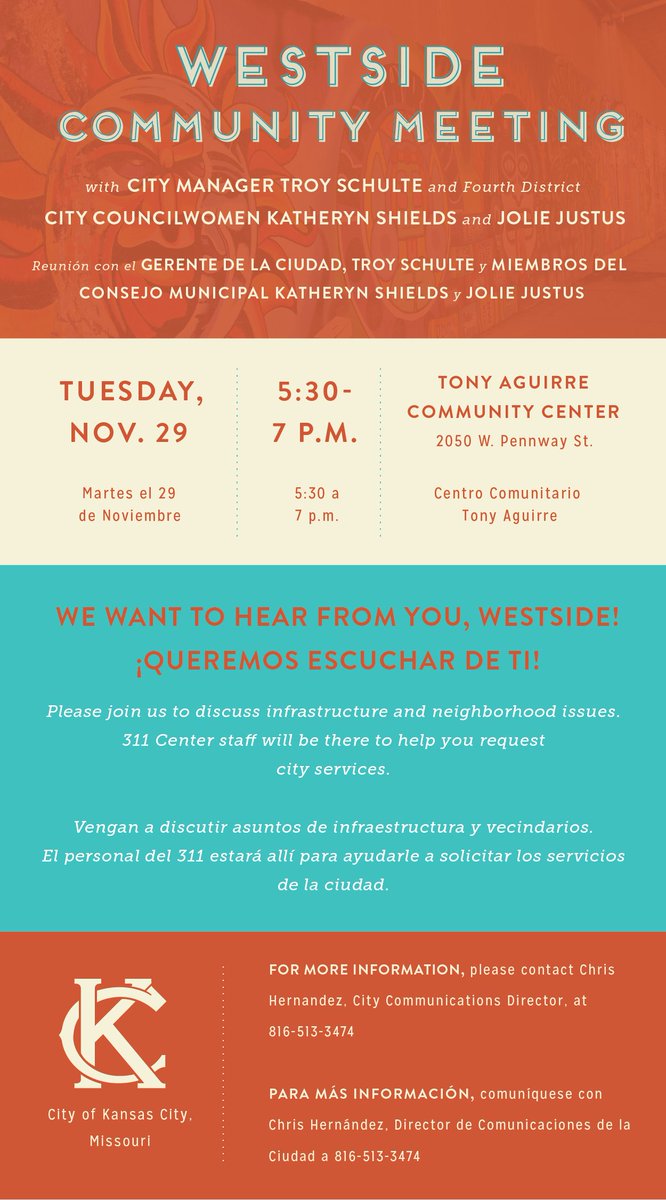 Kansas City (@kansascity) on Twitter photo Join <a href="/KCMOManager/">KCMO City Manager</a> and Fourth District Councilmembers tonight for a Westside Community Meeting at <a href="/KCMOParks/">KCMO Parks and Rec</a> Tony Aguirre Community Center. Join <a href="/KCMOManager/">KCMO City Manager</a> and Fourth District Councilmembers tonight for a Westside Community Meeting at <a href="/KCMOParks/">KCMO Parks and Rec</a> Tony Aguirre Community Center.