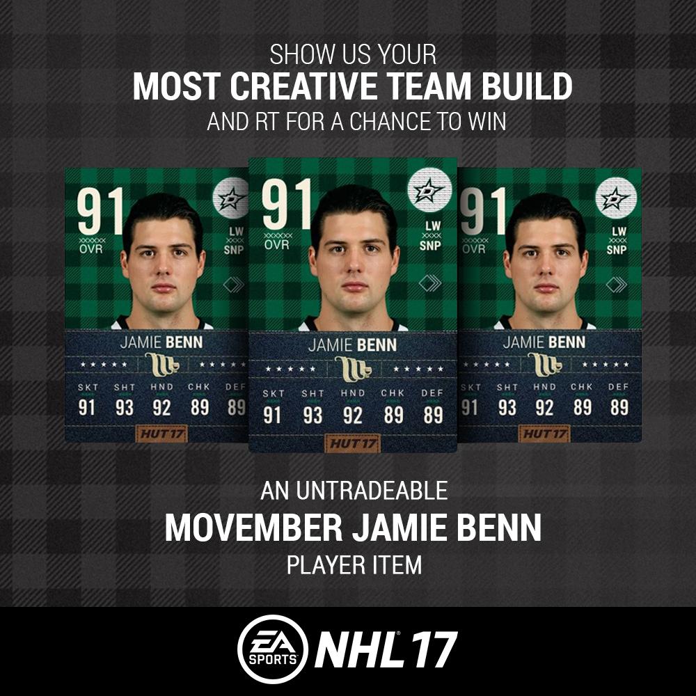 EASPORTSNHL's tweet image. SHARE your most creative team build in #NHL17 HUT and RETWEET for a chance to win a #Movember Jamie Benn player item!