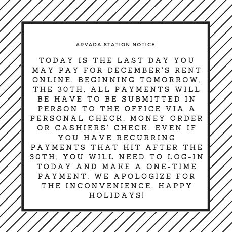 ArvadaStation's tweet photo. Please make note of our rent changes for the month of December! If you have any questions please contact our office! https://t.co/IbnHaloVMe