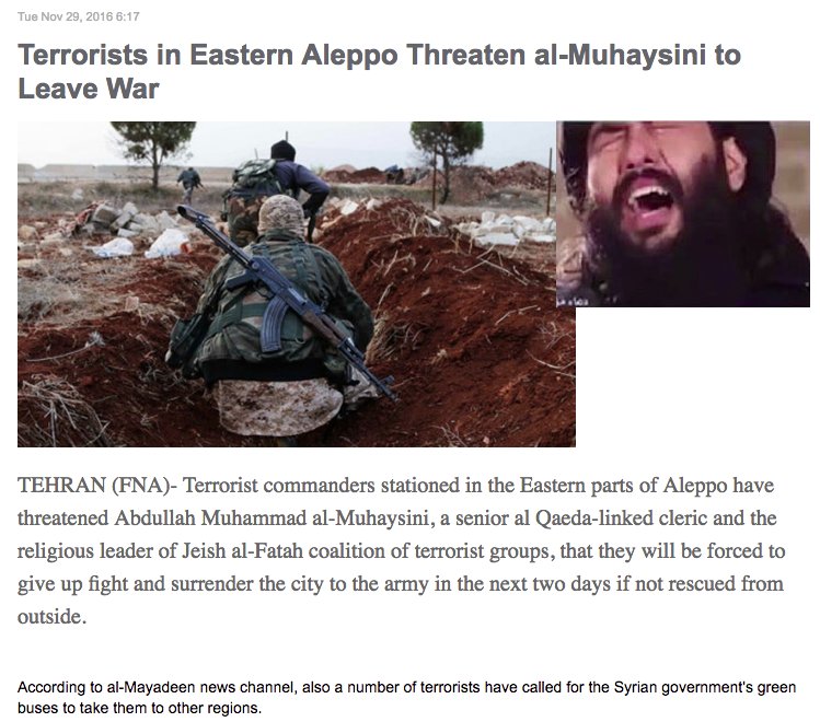 🆕#Syria #rats_in_a_bag Terrorists in E.#Aleppo threaten Muhaysni they’ll surrender unless they get help from outside en.farsnews.com/newstext.aspx?…