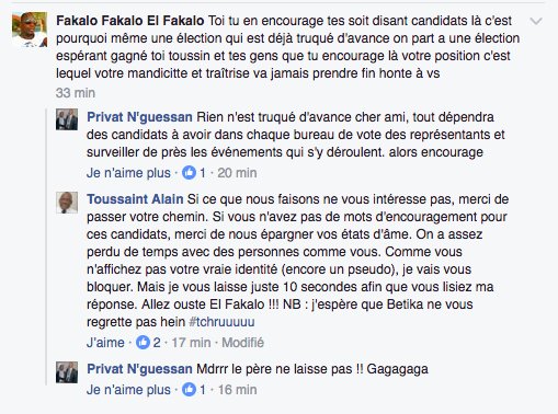 ToussaintAlain's tweet photo. Certains #CIV sont trop à l'aise sur #Facebook. Ils insinuent, ils insultent. Celui-là je ne l'ai pas raté. Viens encore ! #LOL #Tchruuu https://t.co/TAbHPUpLCt