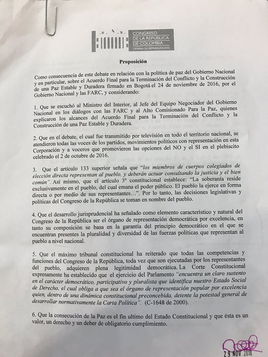 ClaudiaLopez's tweet photo. Esta es la proposición más importante que he firmado y votado! Con 75 votos #Refrendado #NuevoAcuerdoDePaz La vida que me quede para la Paz! https://t.co/jWv9W05uq3
