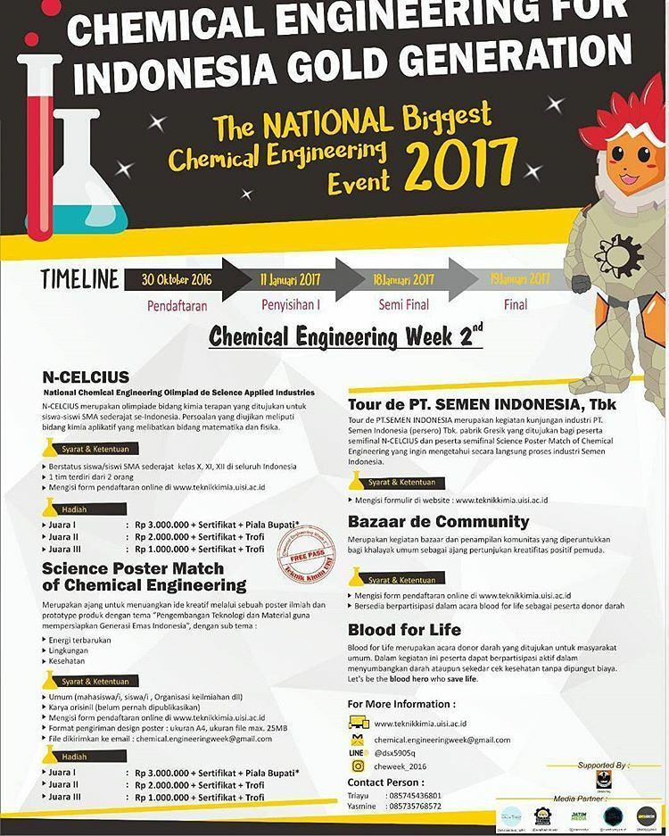 Hello guys🙋

Chemical Engineering week 2nd hadir lagi nih! kali ini dengan tema
'CHEMICAL ENGINEERING FOR INDONESIA…