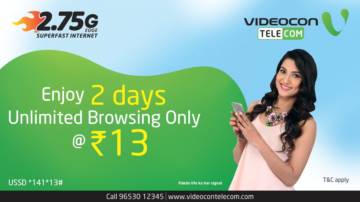 VideoconTelecom's tweet image. Only at Rs 13 enjoy unlimted browsing for 2 days. For more click on videocontelecom.com