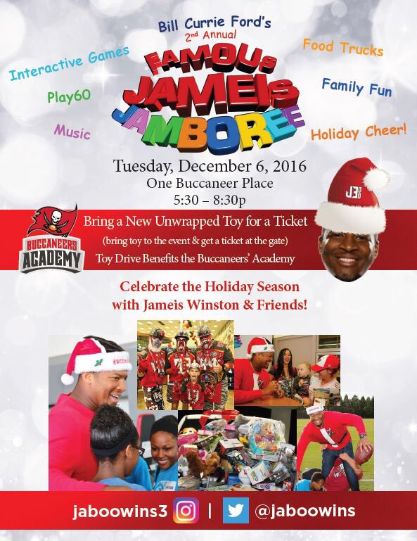 Jaboowins's tweet photo. Come down to 2nd annual Famous Jameis Jamboree @ 1 Buc at 530pm on 12/6. Bring unwrapped gift to be donated to Bucs Academy for admission https://t.co/Bwr2995O5t