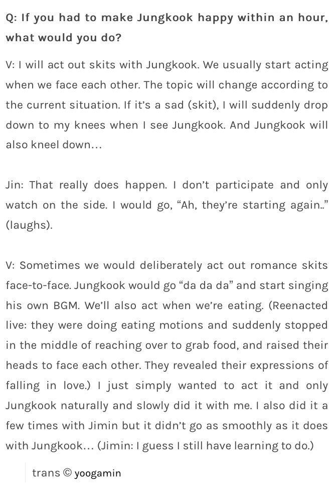 Q: if [taehyung] had to make jeongguk happy within an hour, what would [taehyung] do?