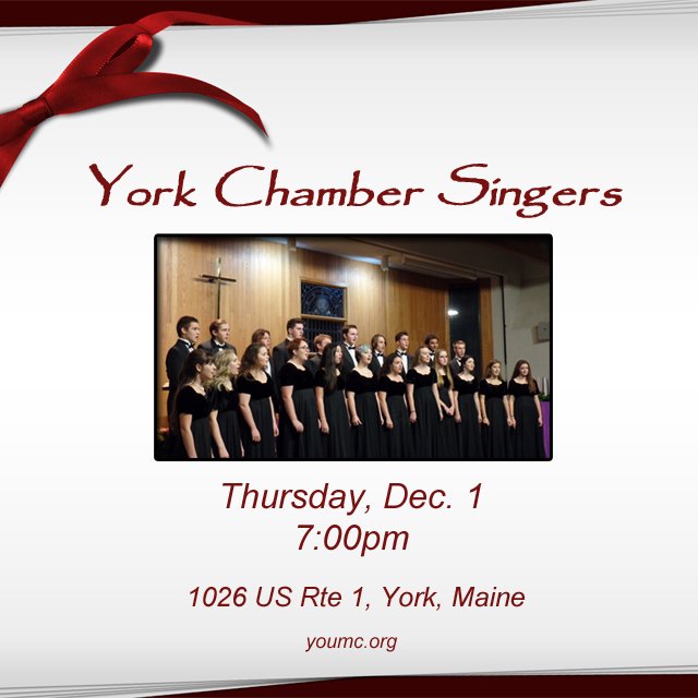 YorkOgunquit's tweet image. York Chamber Singers perform a variety of songs of the season. Meet &amp;amp; greet w hot cider/cookies. Cost-Free, Thursday, Dec 1 at 7:00pm #youmc