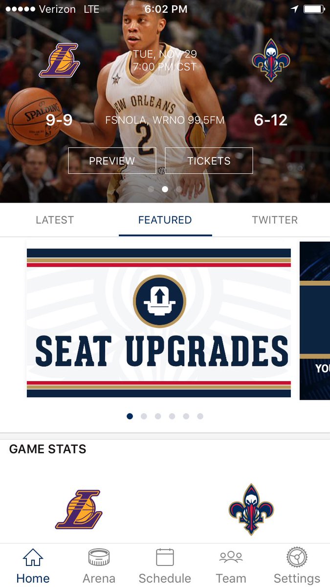 PelicansNBA's tweet photo. At tonight's game and want to upgrade your seats? Sign up for Seat Upgrades in the featured section of our app! #Pelicans https://t.co/9HkUqjpAod