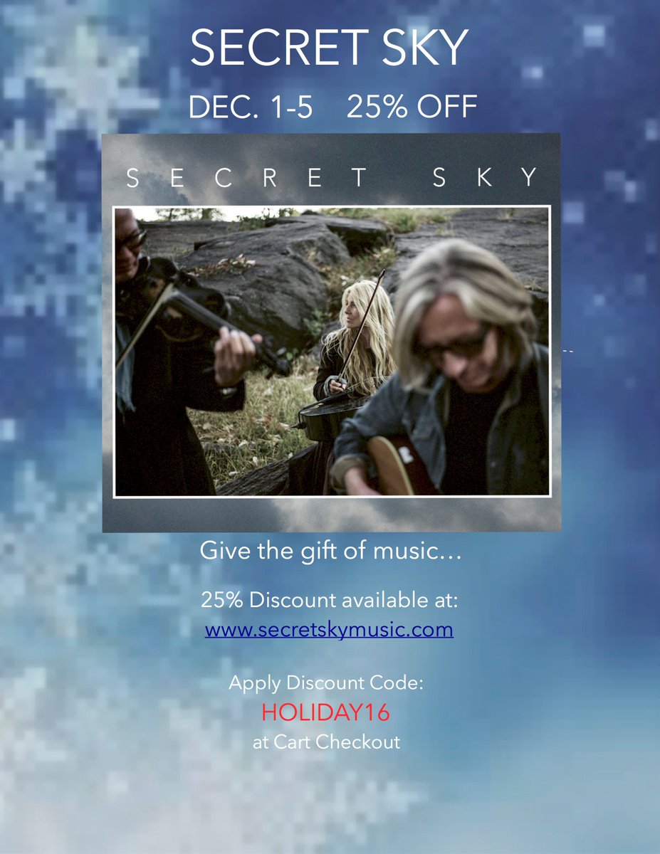 SecretSkyMusic5's tweet photo. Holiday Music Sale! December 1st to 5th. 25% OFF all purchases.
Discount Code: HOLIDAY16
Free Shipping. https://t.co/nOOsS8y94R https://t.co/KHM6JYxX0F