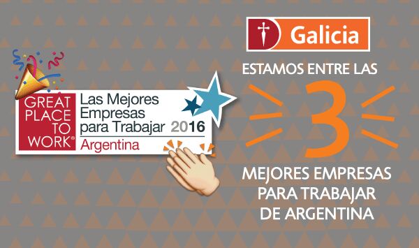 BancoGalicia's tweet photo. Felices por estar entre las 3 mejores empresas para trabajar  @GPTW_Argentina #LasMejoresAR2016 👏👏🙆🙌 https://t.co/XgHqJcwyQg