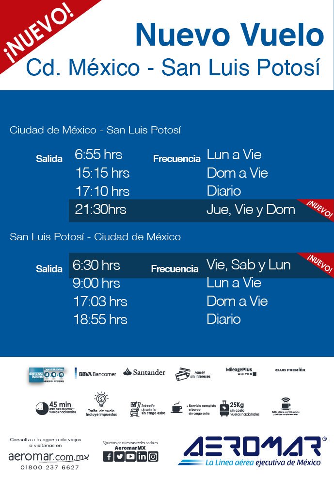 NancyDelgadoo's tweet photo. A partir del 1ero de Diciembre, Nueva Frecuencia de Vuelo de México a SLP y viceversa!!!! #AeromarMx https://t.co/cUINtd3kSu