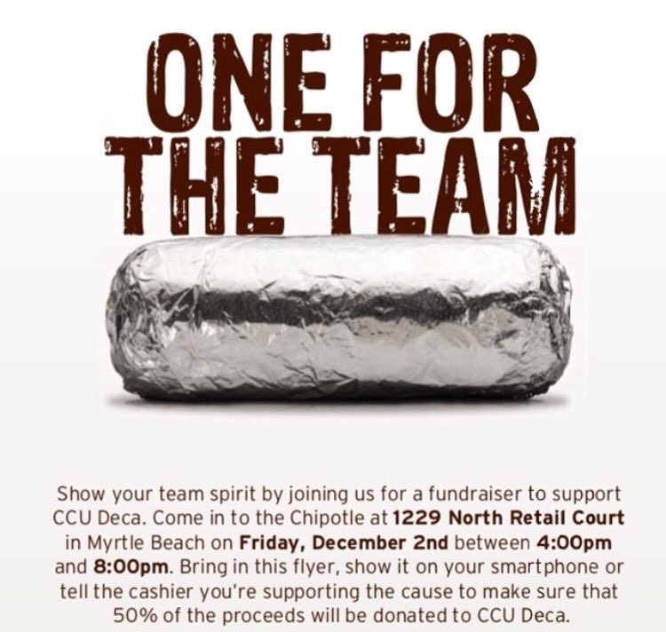 SCDECA's tweet photo. If you live in or near the Myrtle Beach area or will be visiting, please support @ccu_deca on Friday December 2 at chipotle #wearealloneteam https://t.co/JykK7SoTrO