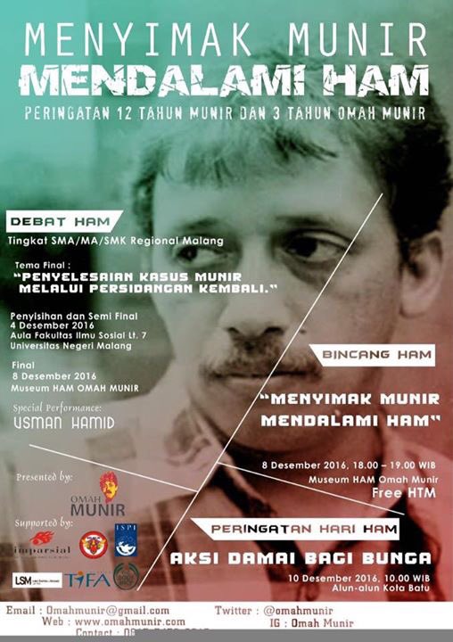 Hey MALANG dan sekitarnya nih ada pekan HAM nya @OmahMunir ...

Support lah yuk ...
LAWAN pembungkaman !!!!