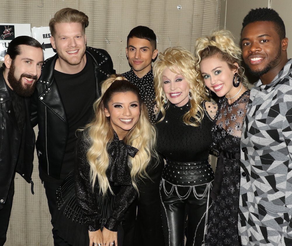 kirstin's tweet photo. But the real question is which one of us is Jolene? 😜😍😘 @dollyparton @mileycyrus @ptxofficial @NBCTheVoice https://t.co/fC6BIHOmii https://t.co/wMFiqdITFG