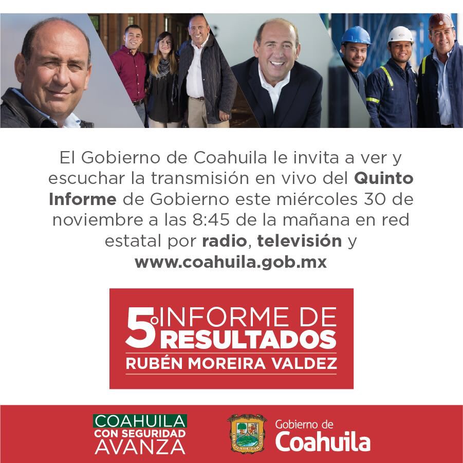jaimebuenoz's tweet photo. Este miércoles sigamos la transmisión del #5oInformeResultados de @rubenmoreiravdz #ConSeguridadCoahuilaAvanza https://t.co/ghu4vOa4yT