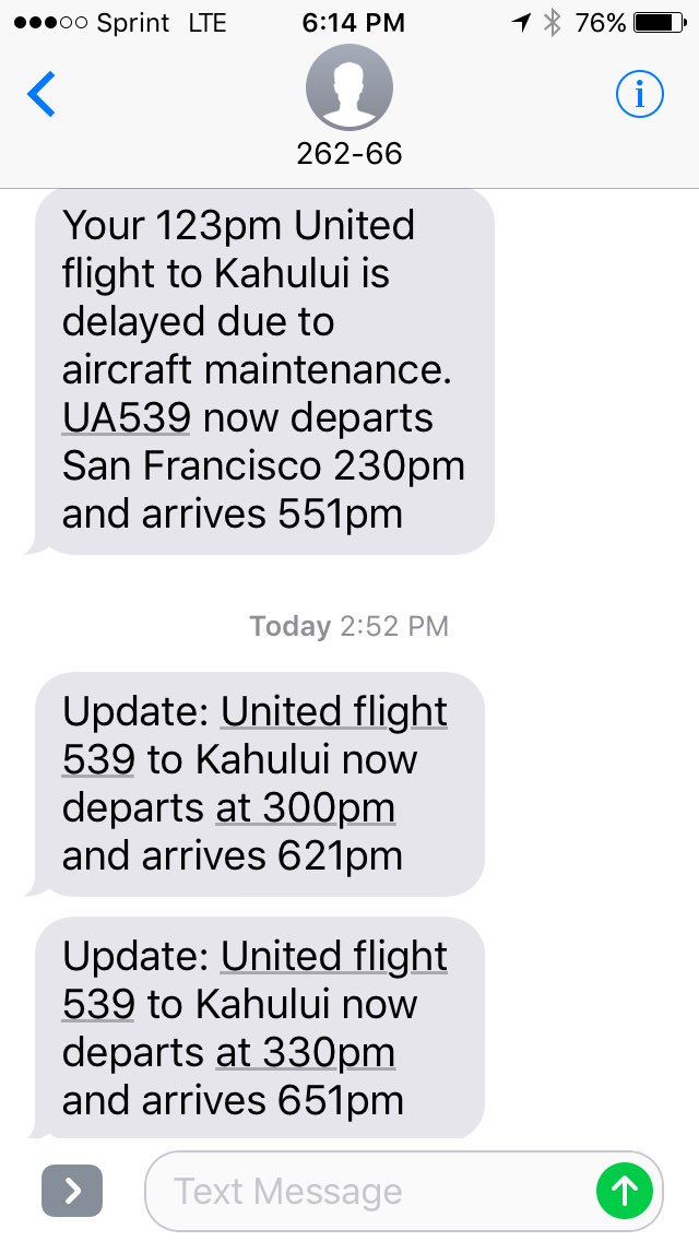 jameslieu's tweet photo. @united Normally not one to complain, but a 5hr delay, multiple false departure times? You can do better. #flight539 https://t.co/mgNzLeAmyT