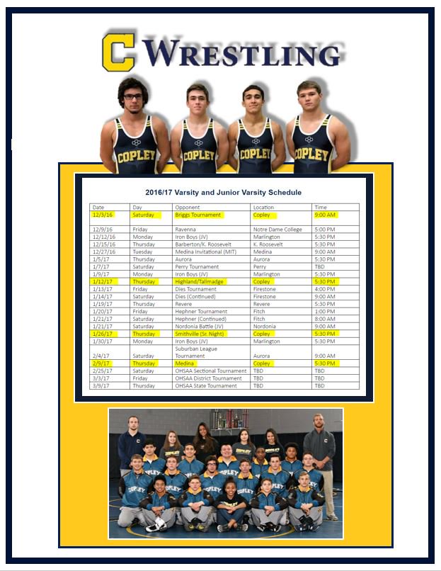 Senior Year - Copley Wrestling Schedule - Starts This Saturday - Briggs Duals @ Copley High School - 9:00 AM