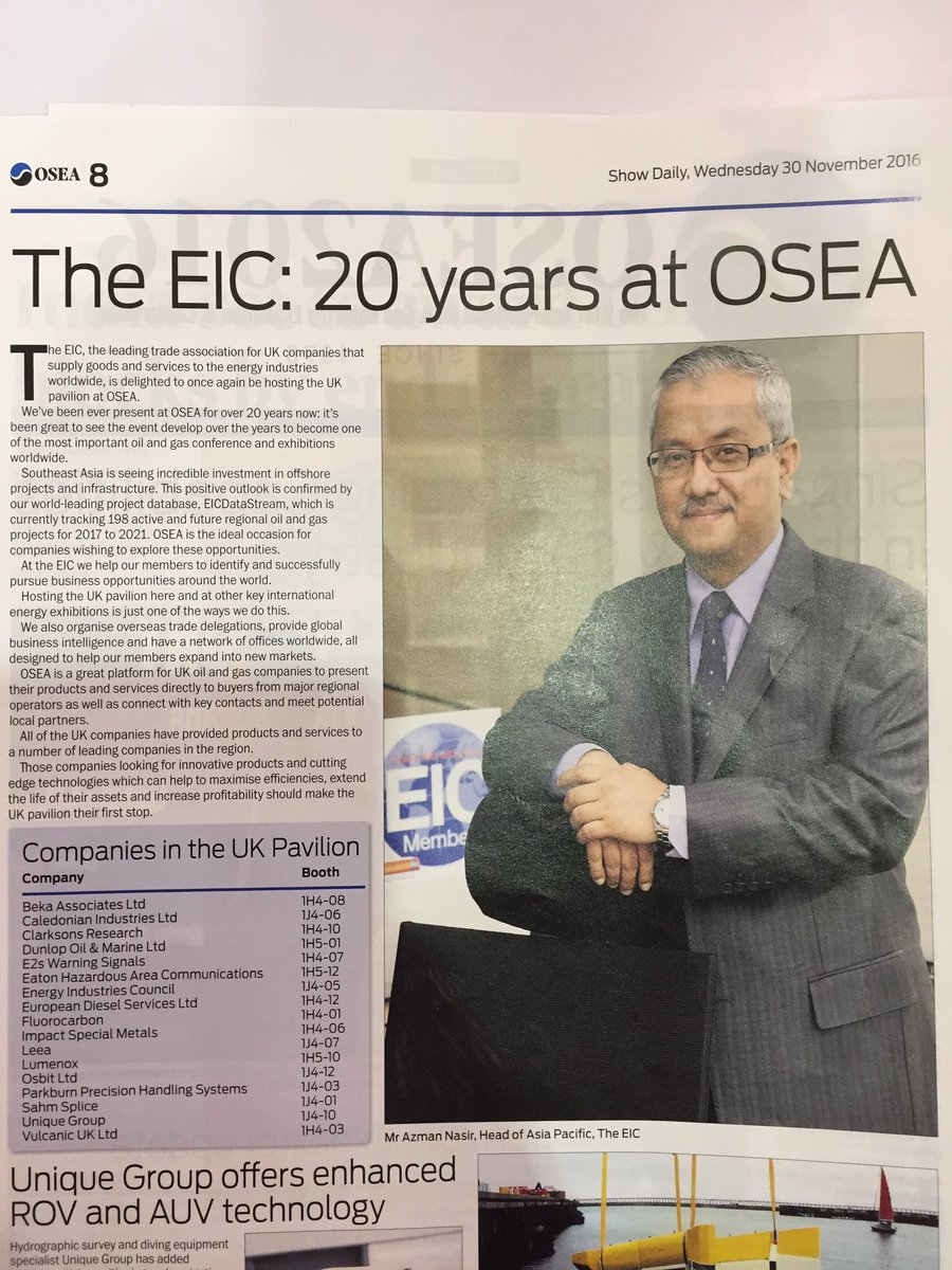 TheEICEnergy's tweet photo. Snapshot of the UK Pavilion in the official show daily at #OSEA2016. The EIC is celebrating 20 years! @tradegovuk https://t.co/OGrrQE0lDf