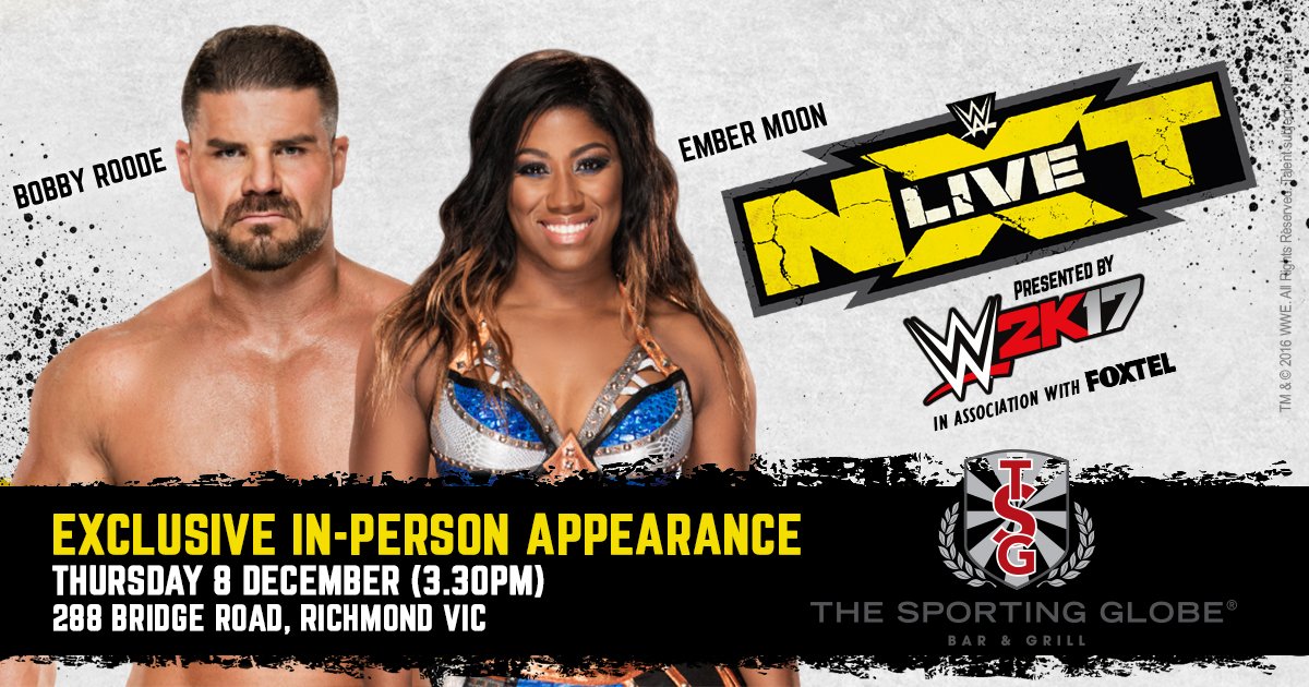 RETWEET for your chance to WIN 1 of 25 Double Passes to the <a href="/REALBobbyRoode/">Ced</a> &amp; @WWEEmberMoon Appearance at <a href="/Sporting_Globe/">The Sporting Globe</a>! #NXTMelbourne