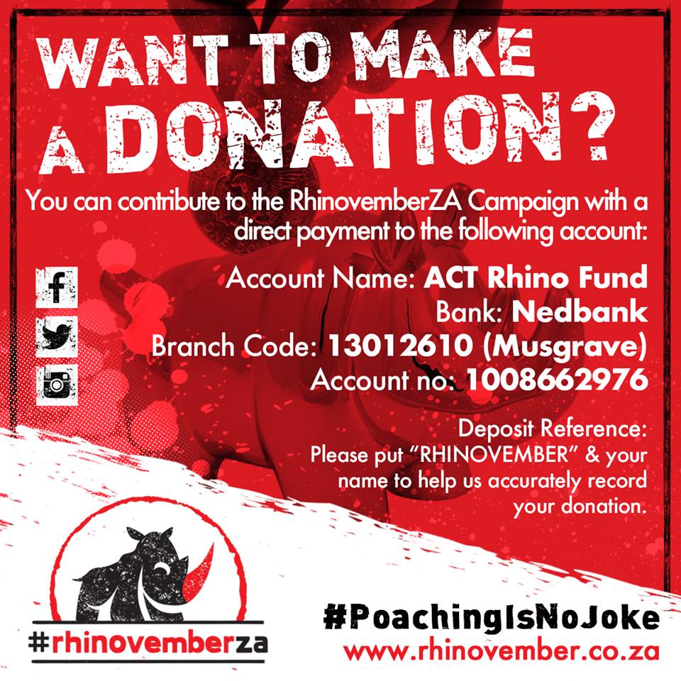 RhinovemberZA's tweet photo. Help create awareness by making a donation. For deposit and account details visit https://t.co/yGxonXndiO | #RhinovemberZA #PoachingIsNoJoke https://t.co/mpLes6bRaP