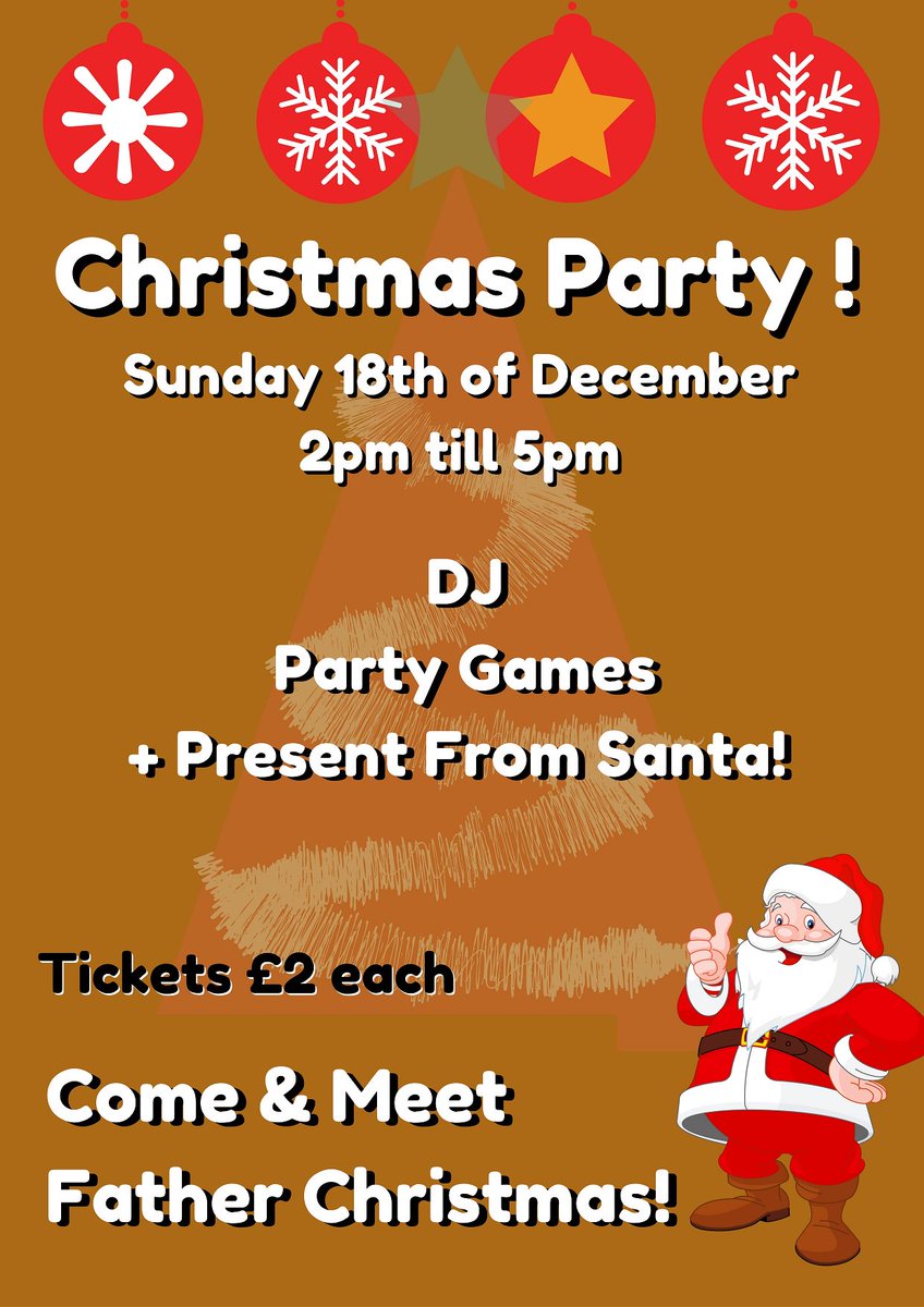 Kid Christmas Party. Sat 18 Dec 2 till 5. Lots of fun &amp; games + Father Xmas will be handing out presents! All welcome. £2 per child