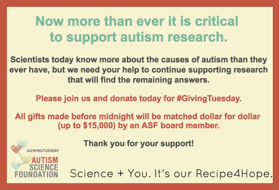 AutismScienceFd's tweet photo. There's still time to double the impact of your gift! Visit https://t.co/hLp9dhlnYY now. #GivingTuesday https://t.co/yodfCr0vZs