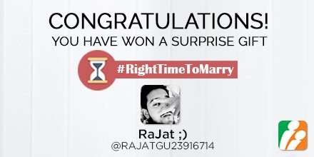 bharatmatrimony's tweet photo. SURPRISE Winner 1 of #RightTimeToMarry 
@RAJATGU23916714 https://t.co/Tg8UNTKp8W