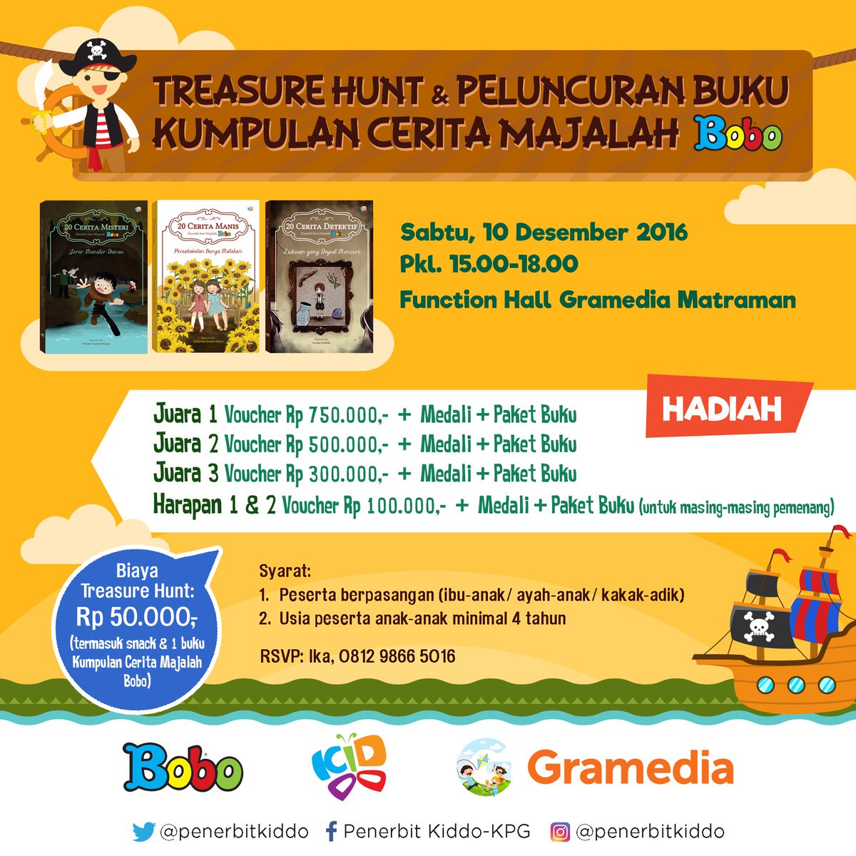 penerbitkiddo's tweet photo. Hai, hai. Jangan lupa datang ya di acara keren ini!
#majalahbobo #ceritamisteri #ceritadetektif #ceritamanis #cerita anak #gramediamatraman https://t.co/Tgz2AaBwa5