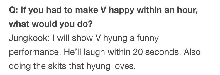 Q: if [taehyung] had to make jeongguk happy within an hour, what would [taehyung] do?