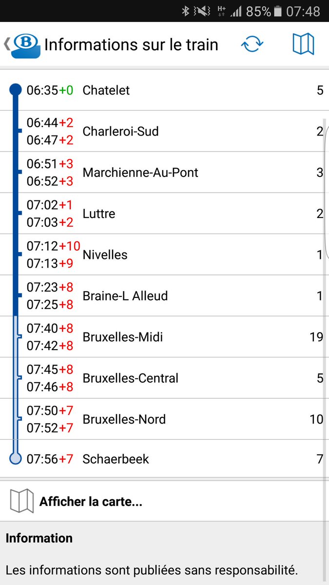 bleuvinny's tweet photo. @SNCB #lateatwork vitesse moyenne 15km/h. 8 min. annoncé au midi alors qu'on y est pas encore #wrongestimates @NavBelge @giannitabbone https://t.co/o6HJ8YvZAO