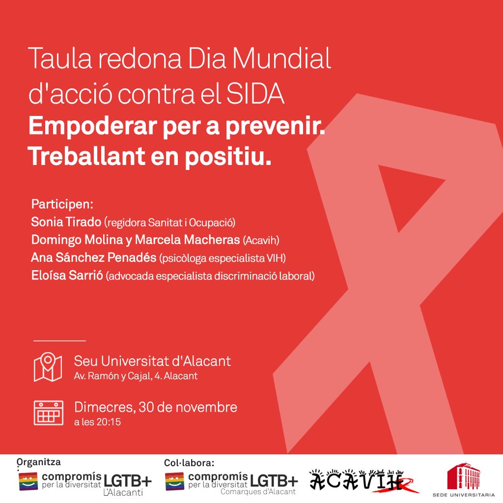 CompromisALC's tweet photo. Hui 20:15 h Mesa redona Dia Mundial d'acció contra la SIDA. Amb @SoniTirado Seu UA Alacant @CompromisLGTB https://t.co/lSeHPgjPAb