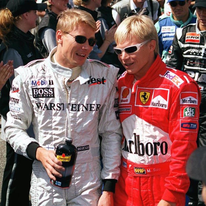 McLarenF1's tweet photo. #HappyBirthday 'other' Mika (Salo), 50. Pic: with 'our' Mika (Hakkinen) at Hockenheim in '99, a win Salo gave to Ferrari team-mate Irvine. https://t.co/EEu4f5ndMn