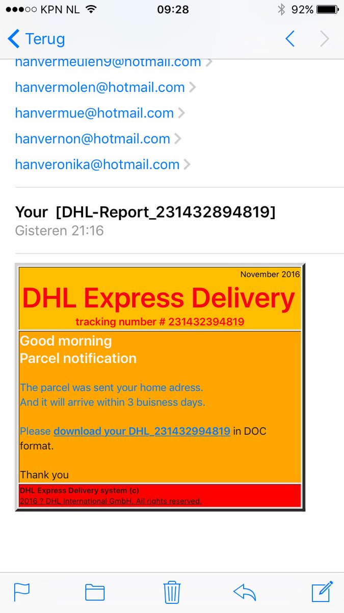 Hanvermeulen's tweet photo. @DHLNL dit ziet er niet naar uit dat het vanuit jullie komt? #phishing https://t.co/kQUd8vGWtO
