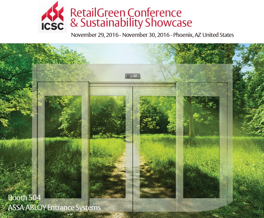 assaabloyentus's tweet photo. Stop by booth 504 at @ICSC #RetailGreen to learn about the sustainability benefits of our full offering of entrance solutions and services! https://t.co/Pk85RNR7dg