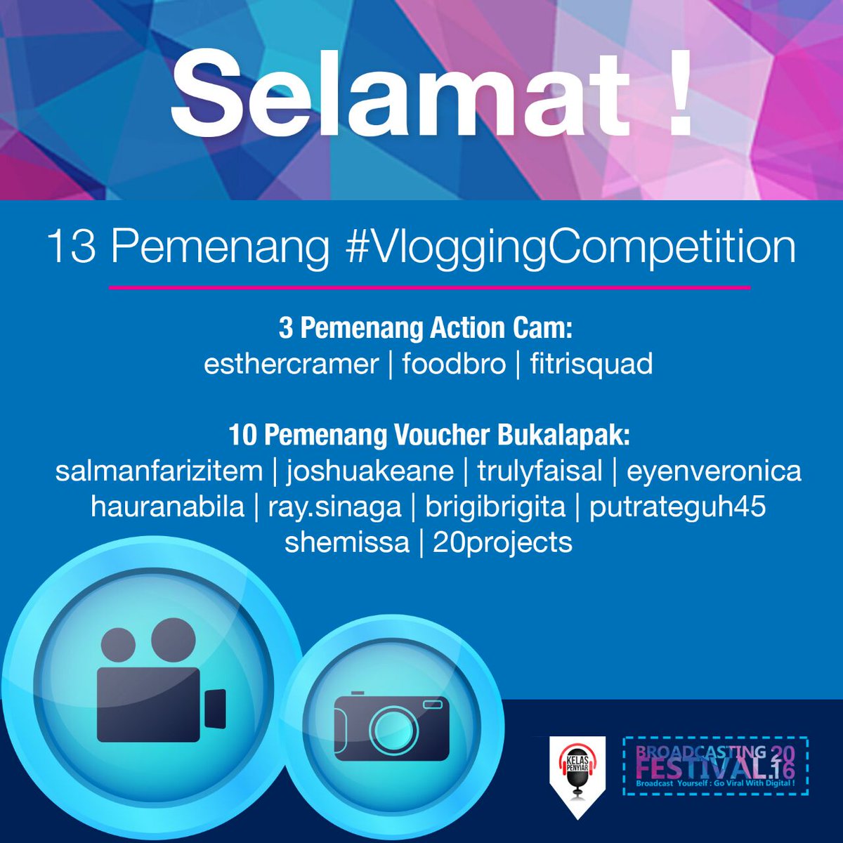 BroadcastingFes's tweet photo. SELAMAT kepada pemenang #VLOGGINGCOMPETITION #VIDIOINDONESIAKU. https://t.co/rVub5S5XBS