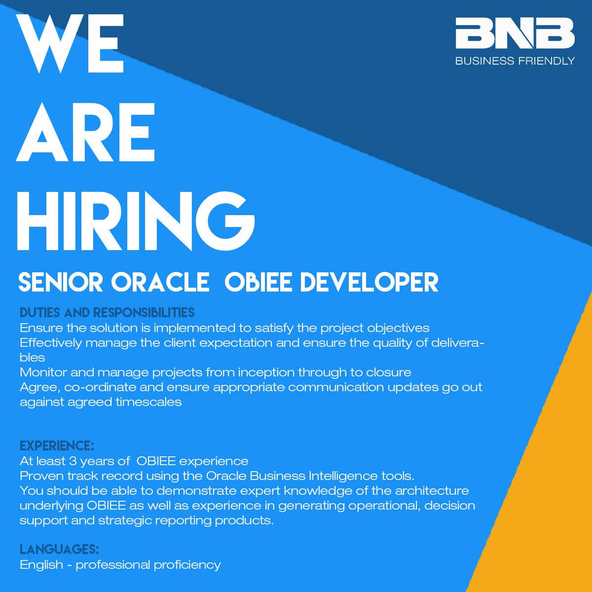 BNB_consulting's tweet photo. We are #hiring ! Senior Oracle OBIEE developer - Madrid/Rome Apply here >> https://t.co/qTq0nJNM9t #job #oracle #consulting #BI https://t.co/WkehbwISQQ
