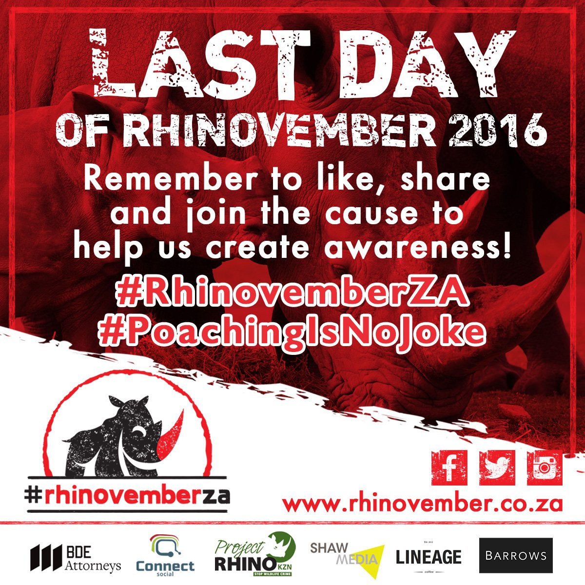 RhinovemberZA's tweet photo. Like, share and join the #RhinovemberZA cause to help us create awareness! Visit https://t.co/vQV9TIFTSc for more info | #PoachingIsNoJoke https://t.co/gJ3AIJy33b