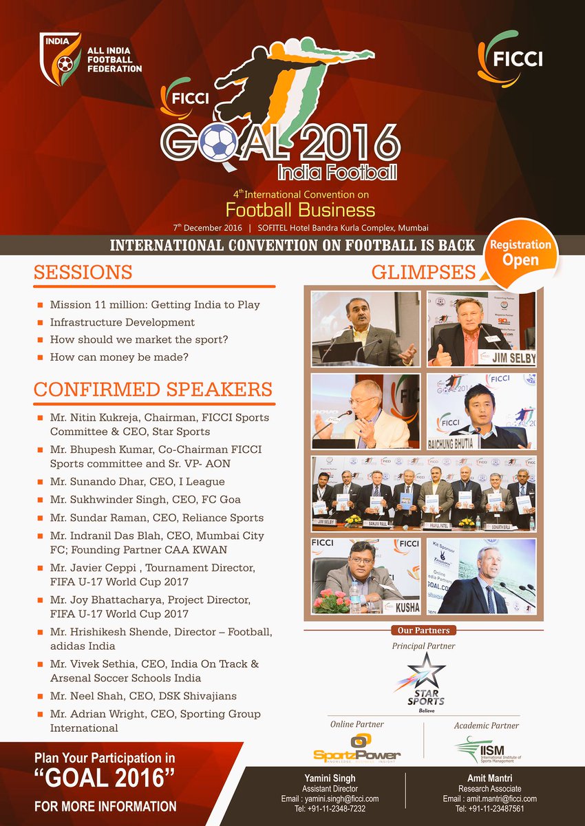 ficci_india's tweet photo. #Football aficionados of #Mumbai & around, #GOAL2016 is scheduled for December 7 in your town. https://t.co/fLa6KGl8Go