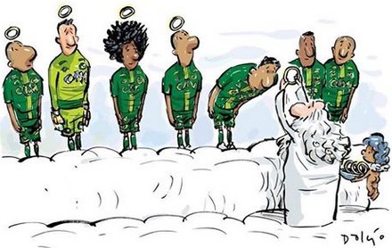 BBCSport's tweet photo. From @ChapecoenseReal: 

Promoted in 2009, 2012, 2013, 2014. 

"They didn't tire of going up, and they arrived in heaven." https://t.co/qMCr6AD7CW