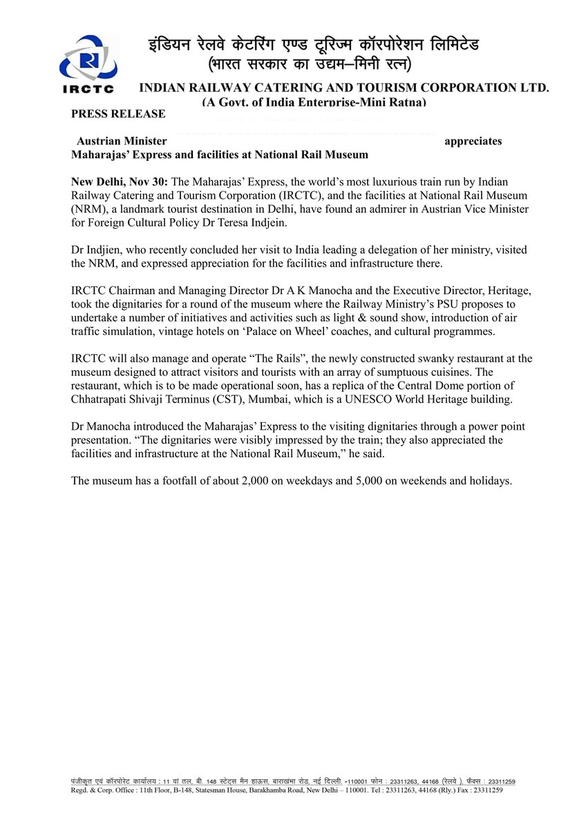 PRO-IRCTC (@irctcpro) on Twitter photo Austrian #Minister appreciates Maharajas’ Express and facilities at National Rail #museum <a href="/sureshpprabhu/">Suresh Prabhu</a> <a href="/IRCTC_Ltd/">IRCTC LTD</a> Austrian #Minister appreciates Maharajas’ Express and facilities at National Rail #museum <a href="/sureshpprabhu/">Suresh Prabhu</a> <a href="/IRCTC_Ltd/">IRCTC LTD</a>