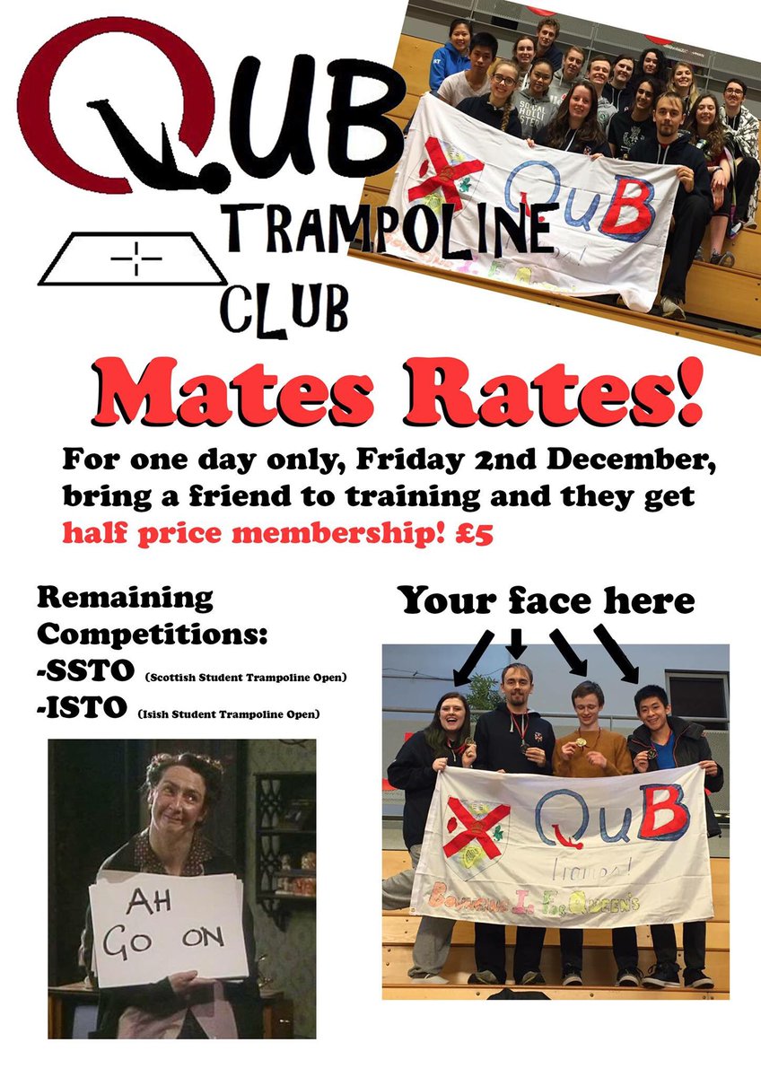 QUBTC's tweet photo. QUB Trampoline club are offering half price membership if you bring a friend to training this Friday #qub #qubsu #trampoline #matesrates https://t.co/IeZXOf3J43